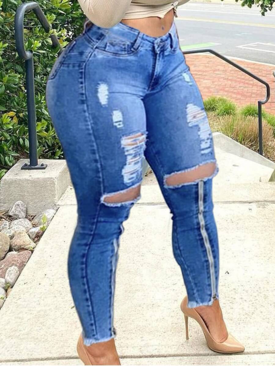 

Lovely Street Raw Edge Broken Holes Baby Blue Jeans