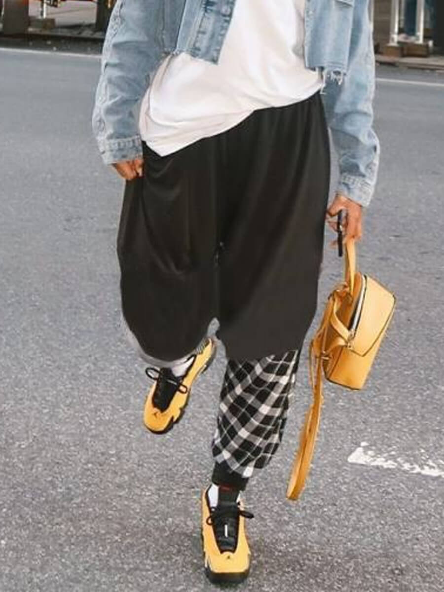 

Lovely Casual Plaid Print Patchwork Loose Black Pants