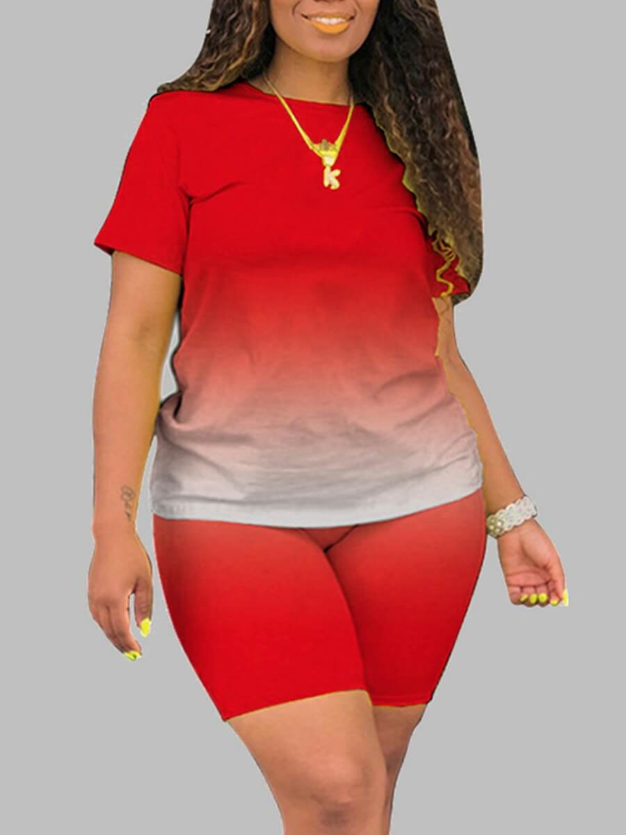 

LW Plus Size Trendy O Neck Gradient Red Two-piece Shorts Set