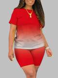 LW Plus Size Trendy O Neck Gradient Red Two-piece Shorts Set