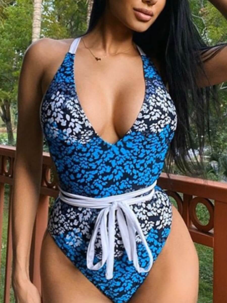 

Lovely Sweet Print Patchwork Bandage Design Blue One-piece Swimsuit