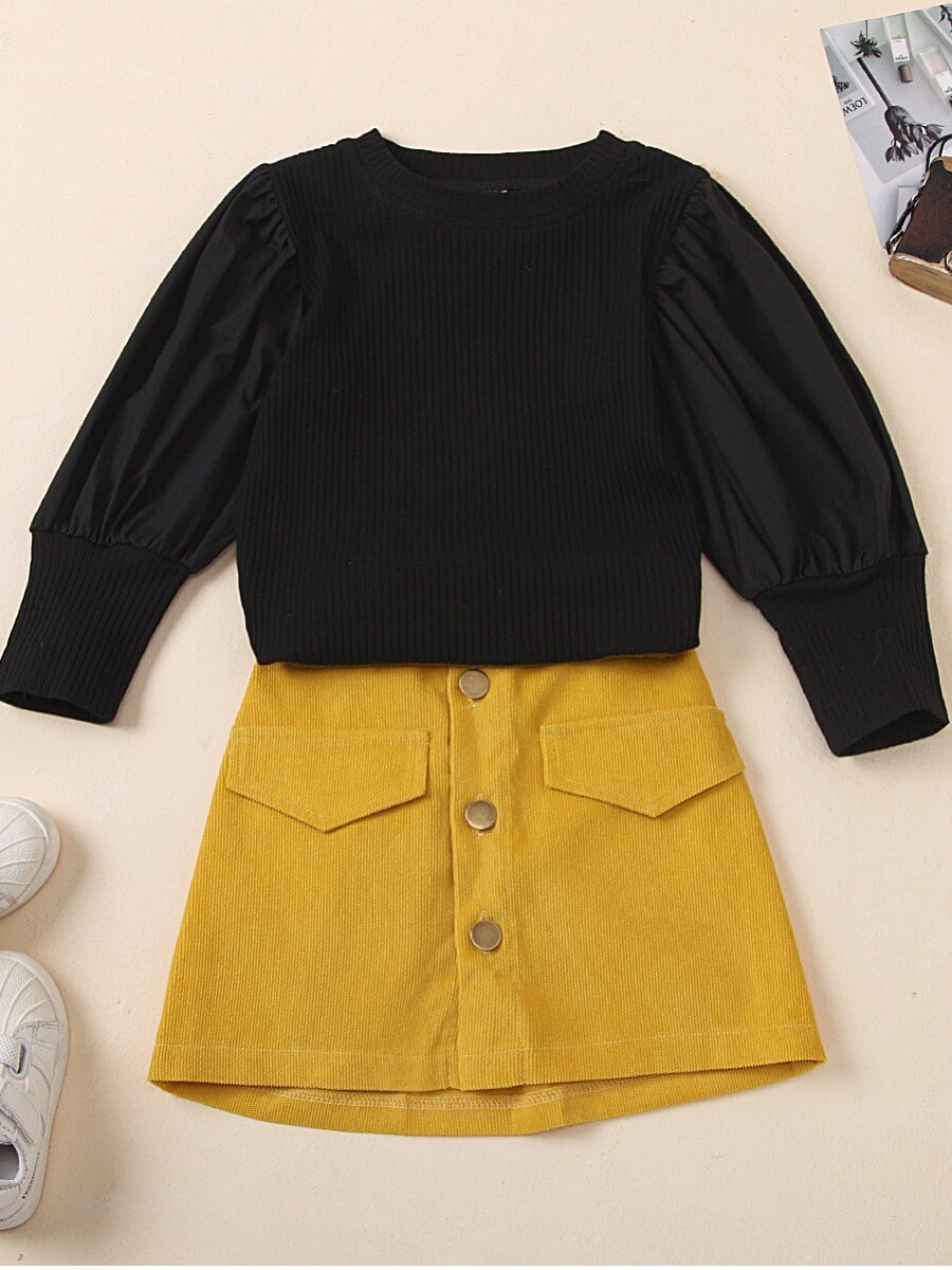 

Lovely Girl Casual Button Ruffle Design Black Two Piece Skirt Set