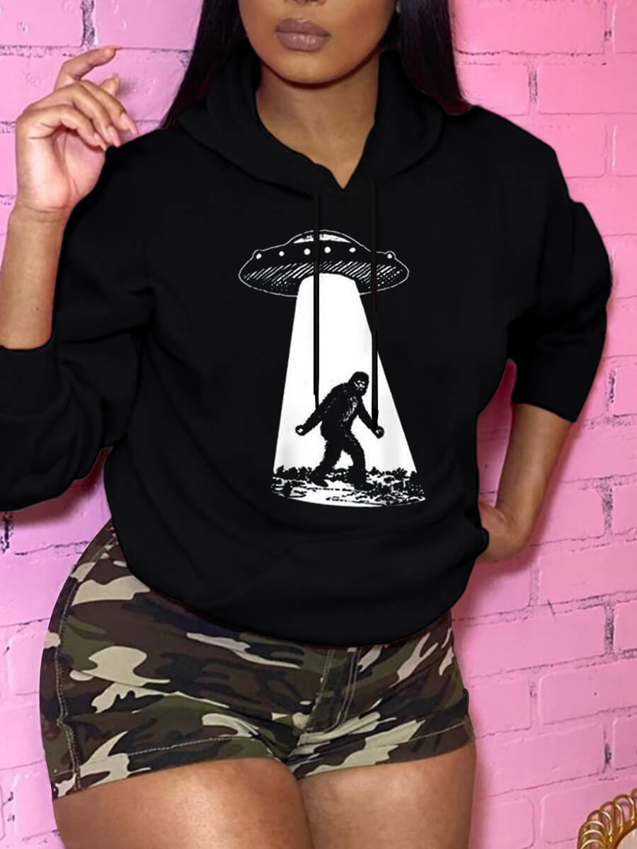 

Lovely Casual Torch Light Print Kangaroo Pocket Black Hoodie