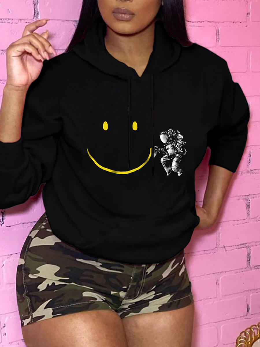 

Lovely Casual Smiley Face Print Kangaroo Pocket Black Hoodie