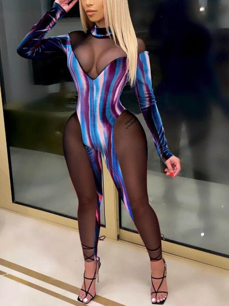 

Lovely Sexy See-through Patchwork Purple One-piece Jumpsuit