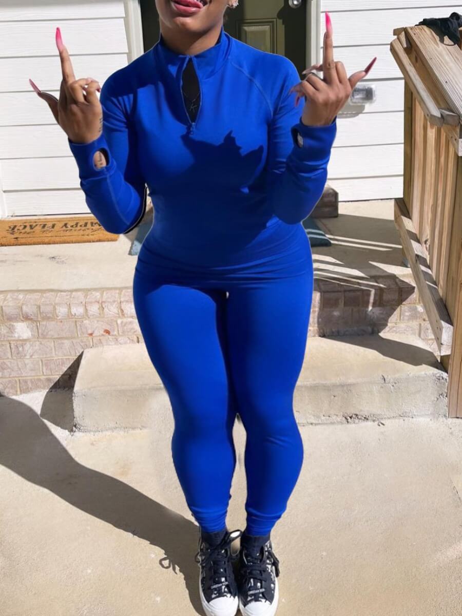 

Lovely Trendy Mandarin Collar Basic Skinny Blue Two Piece Pants Set