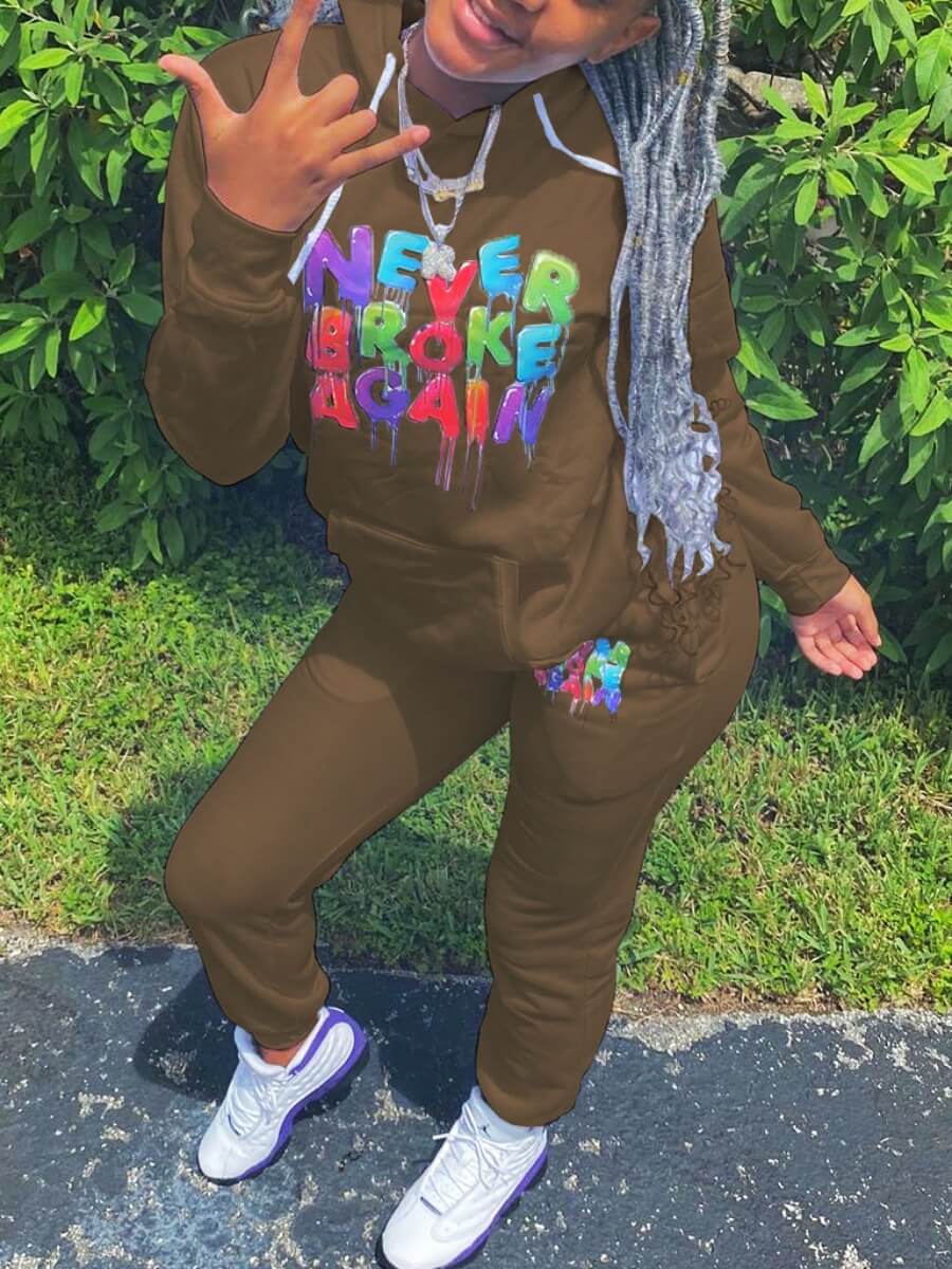 

Lovely Casual Letter Print Patchwork Coffee Two Piece Pants Set