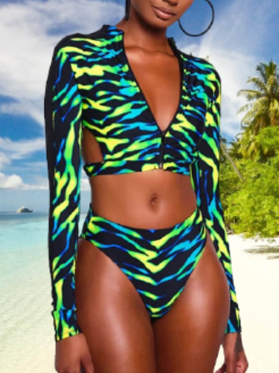 

Lovely Chic Print Patchwork Hollow-out Green Tankini