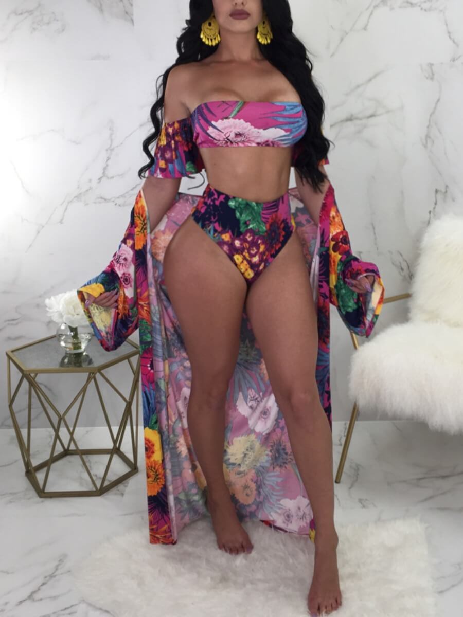

Lovely Sweet Floral Print Patchwork Rose Red Two-piece Swimsuit(Without Veil