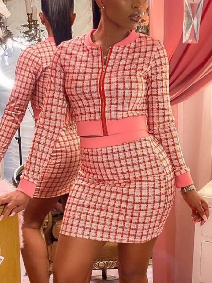 

Lovely Chic Plaid Print Zipper Design Red Two Piece Skirt Set