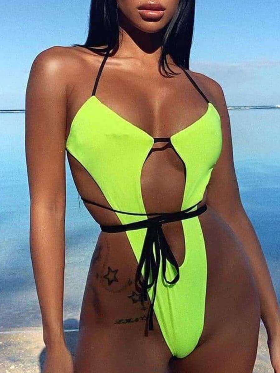 

Lovely Stylish Lace-up Hollow-out Yellow One-piece Swimsuit