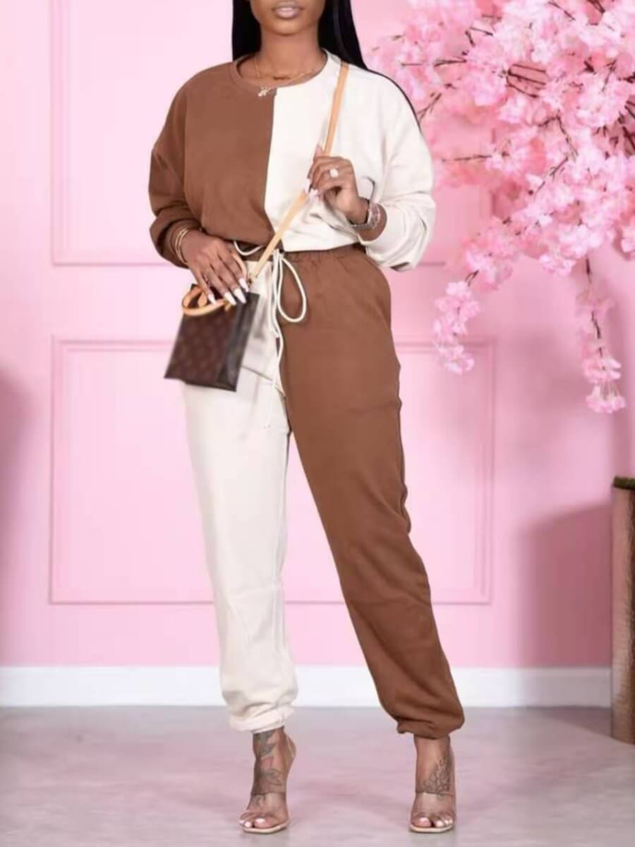 

Lovely Casual Color-lump Patchwork Drawstring White Two Piece Pants Set
