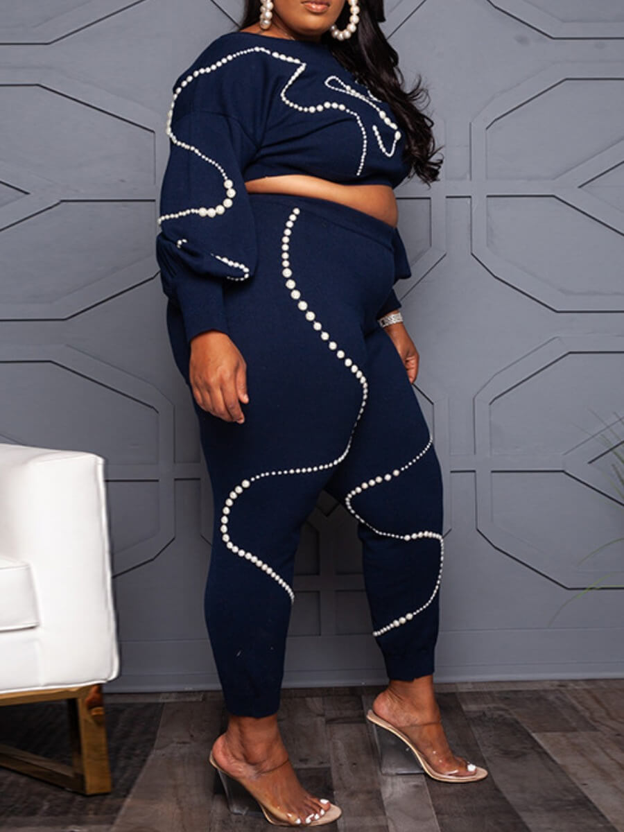 

Lovely Trendy O Neck Pearl Decoration Dark Blue Plus Size Two-piece Pants Set