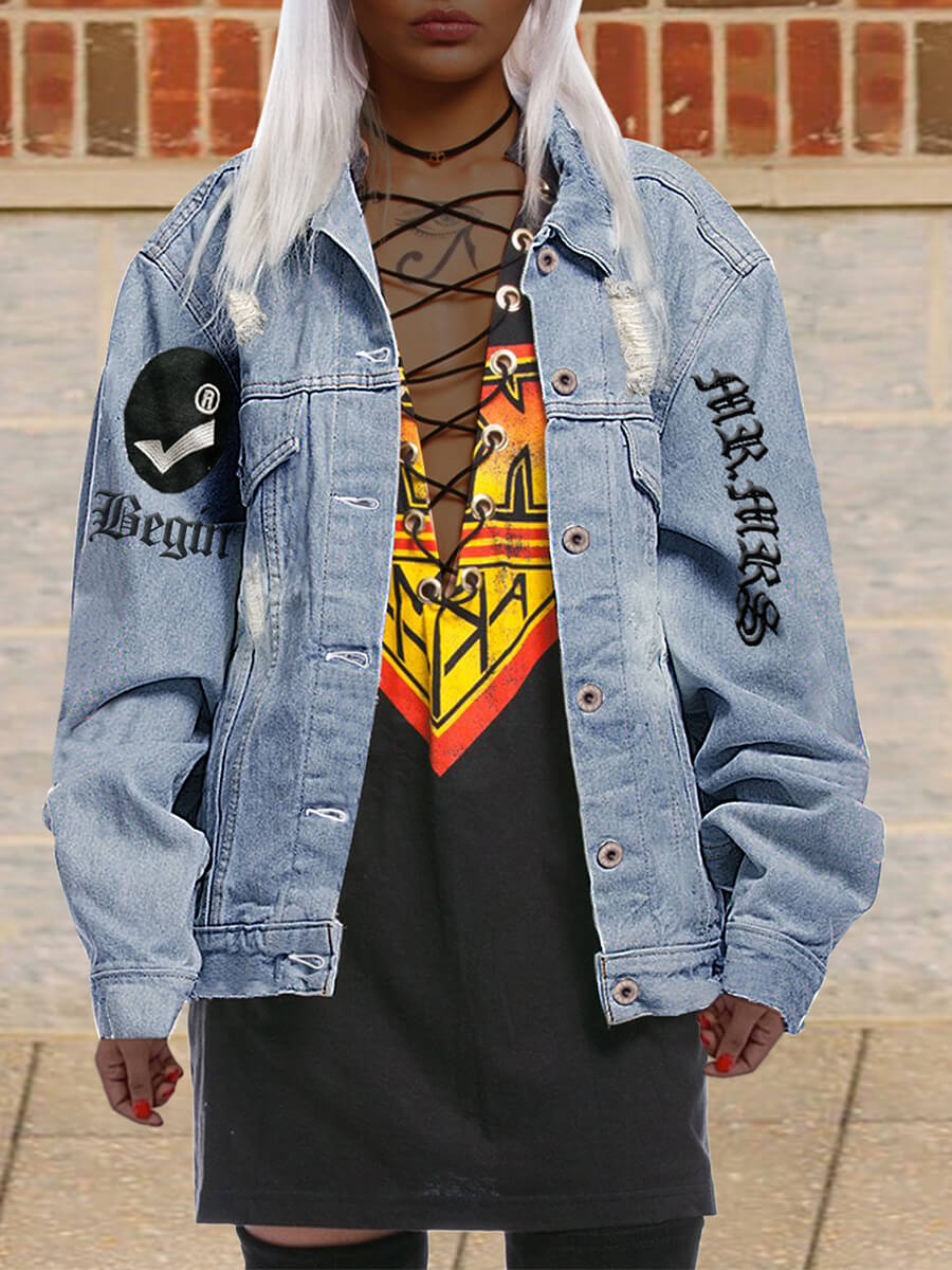 

Lovely Street Letter Print Patchwork Blue Denim Jacket