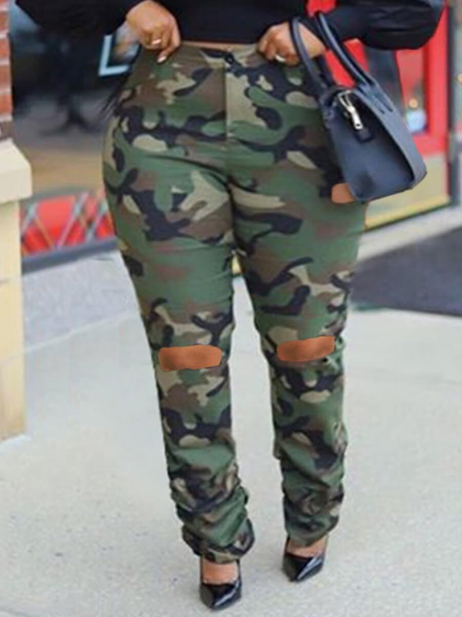 

Lovely Casual Ripped Camo Print Green Plus Size Jeans