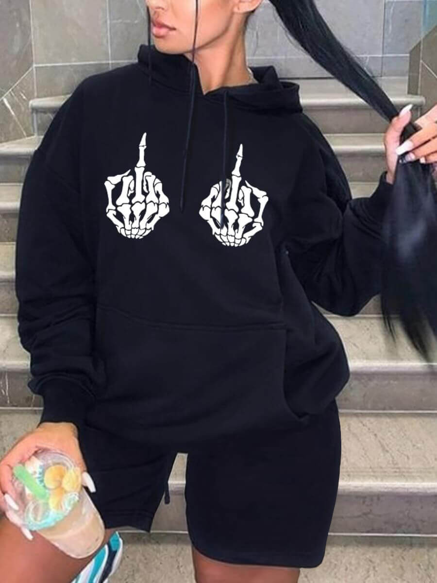 

Lovely Trendy Skeleton Print Kangaroo Pocket Black Plus Size Hoodie