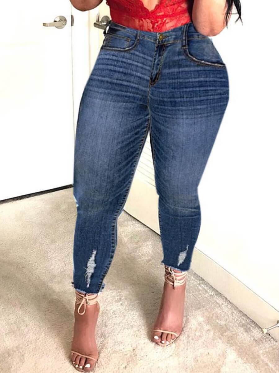

Lovely Street High-waisted Raw Edge Deep Blue Jeans
