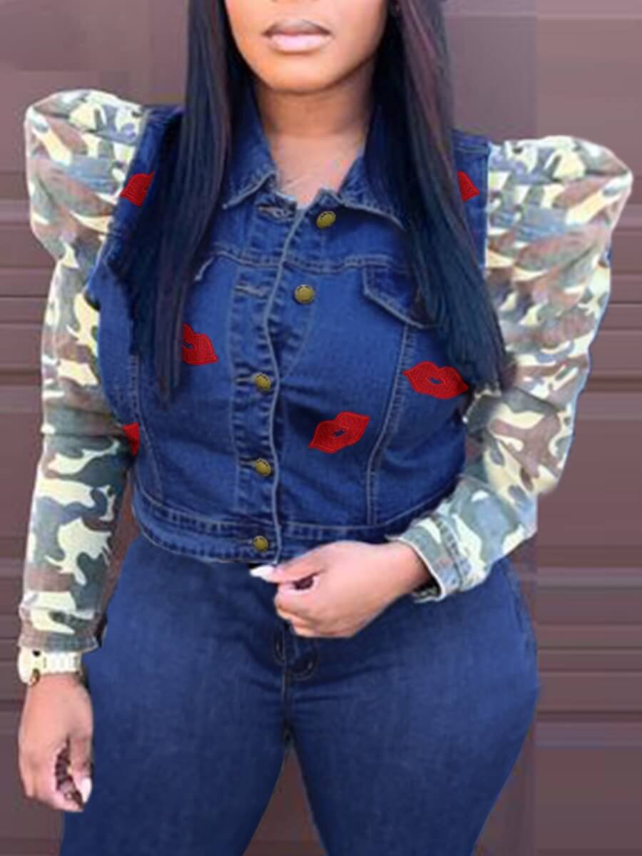 Lovely Street Lip Camo Print Deep Blue Denim Jacket