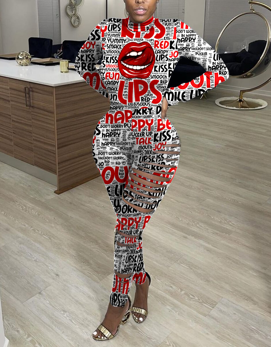 

LW Red Lip Serie Chic Letter Print Ripped White One-piece Jumpsuit