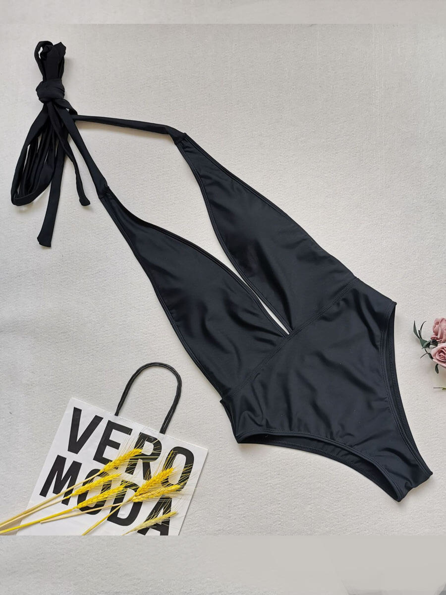 

Lovely Casual Hollow-out Lace-up Carbon Black One-piece Swimsuit
