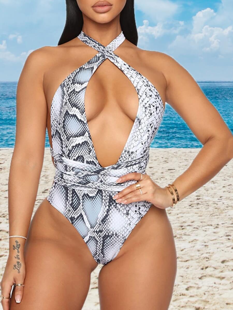 

Lovely Casual Cobra Print Hollow-out Lace-up Black And White One-piece Swimsuit