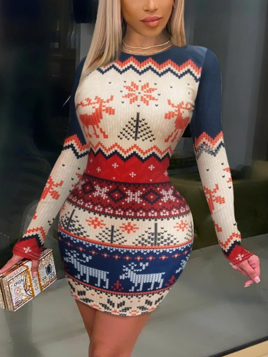 

Lovely Stylish O Neck Christmas Elements Print Apricot Mini Dress