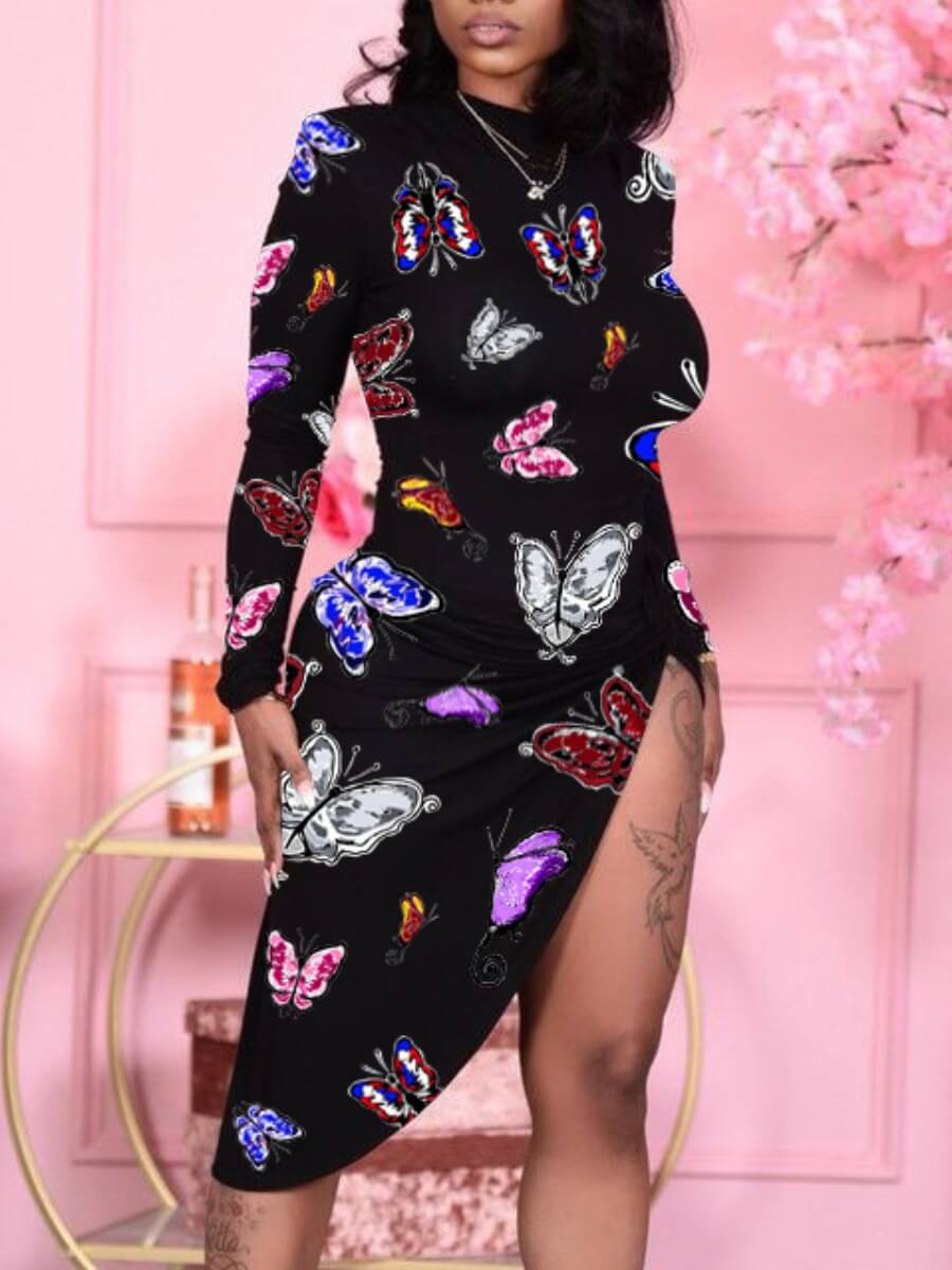 

Lovely Casual O Neck Butterfly Print Black Mid Calf Dress