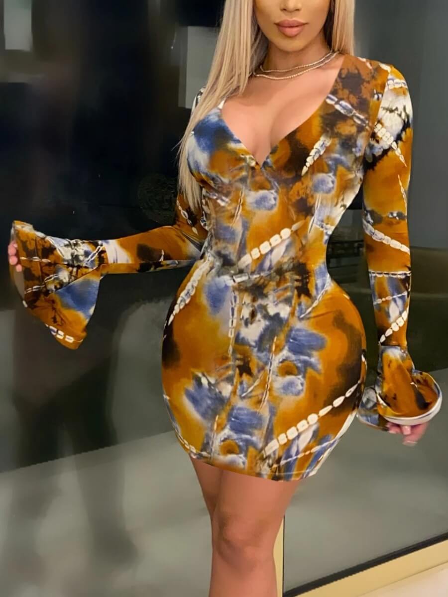 

Lovely Bohemian Flare Sleeve Tie-dye Brown Mini Dress