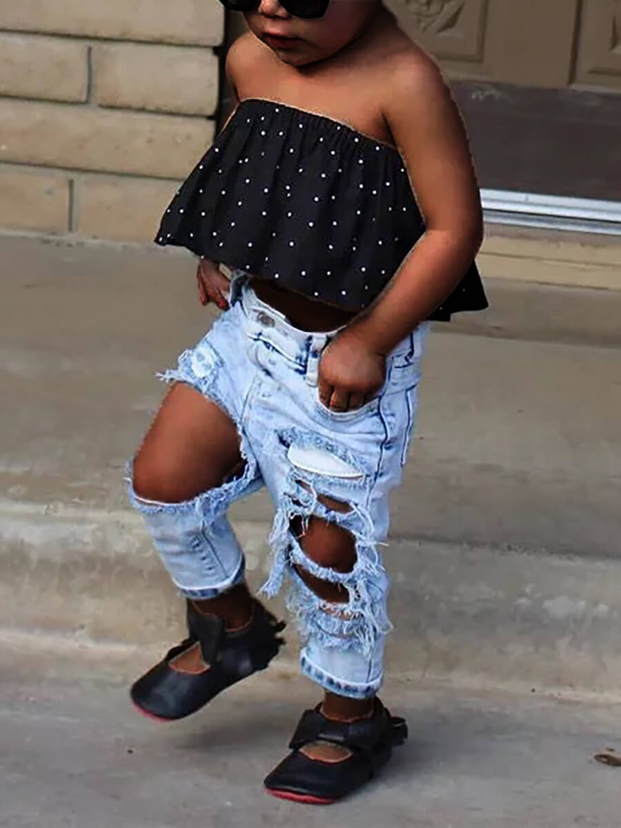

Lovely Casual Off The Shoulder Dot Print Black Girl Two Piece Pants Set