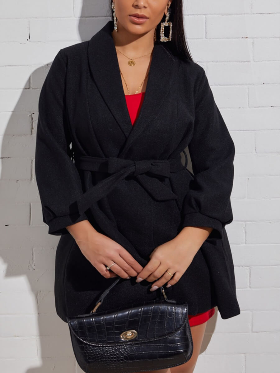 

Lovely Casual Turndown Collar Lace-up Black Woolen Coat