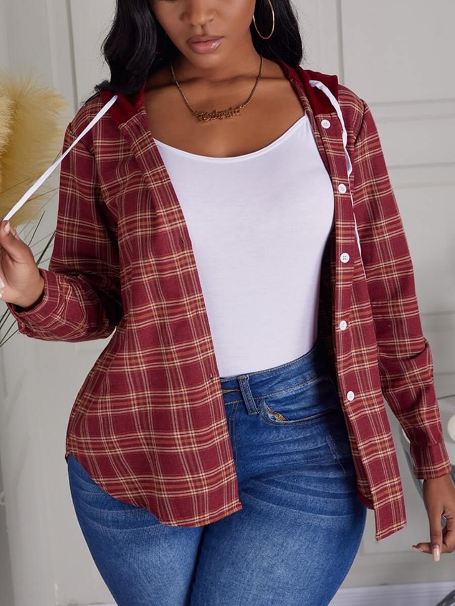 

Lovely Casual Hooded Collar Plaid Print Red Coat