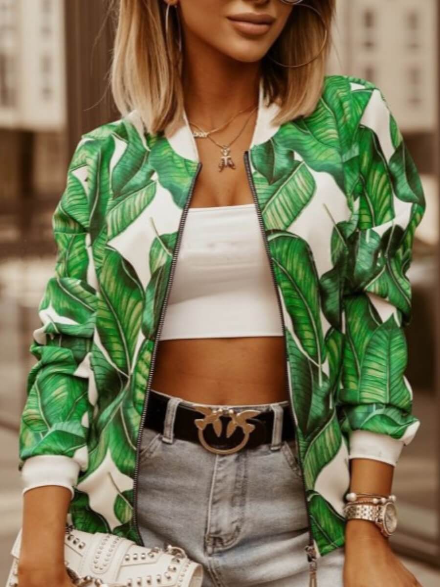 

Lovely Casual Long Sleeve Print Zipper Design Green Jacket
