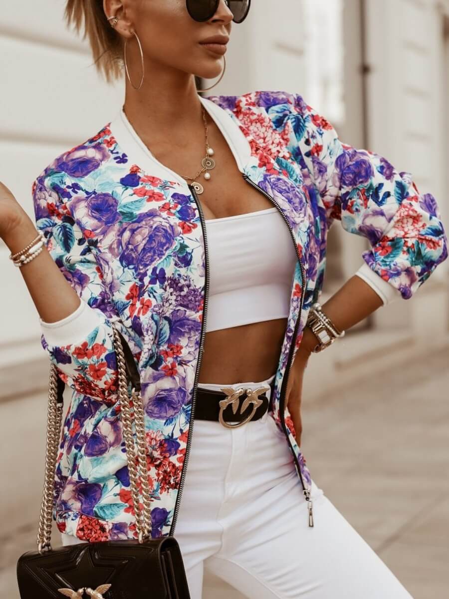 

Lovely Casual Long Sleeve Print Zipper Design Purple Jacket
