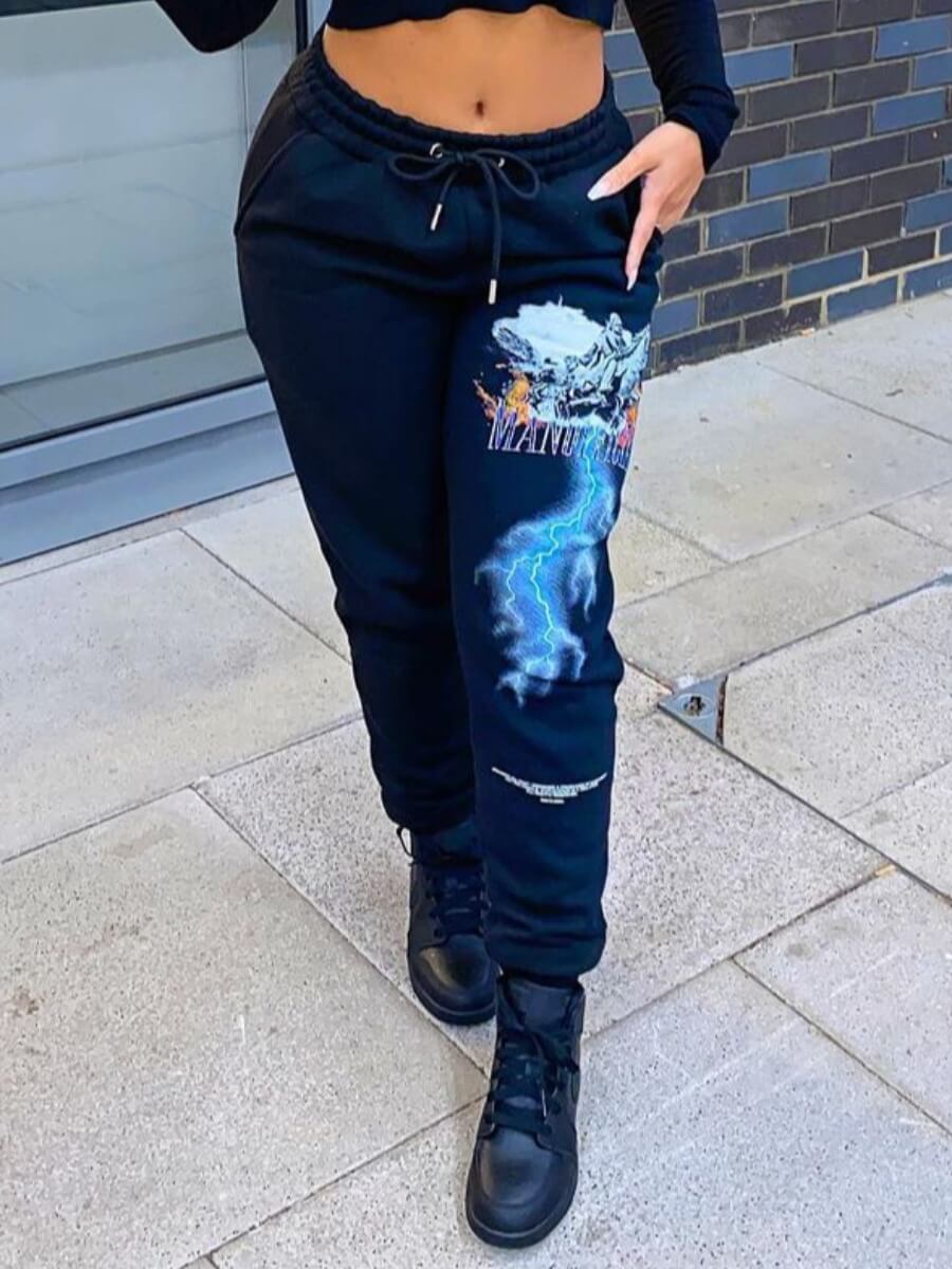 

Lovely Casual Elastic Waist Print Black Pants, Deep blue