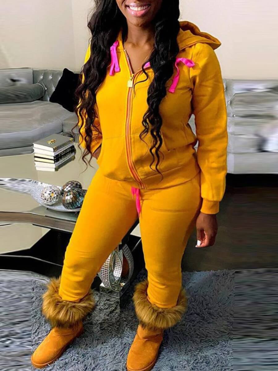 

Lovely Sportswear Hooded Collar Zipper Design Yellow Two Piece Pants Set