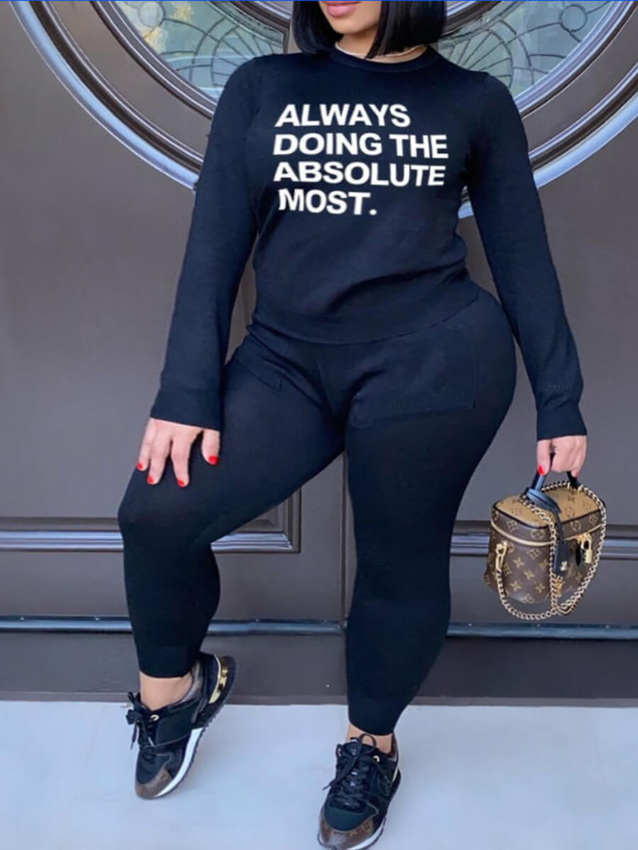 

Lovely Casual O Neck Letter Print Black Plus Size Two-piece Pants Set