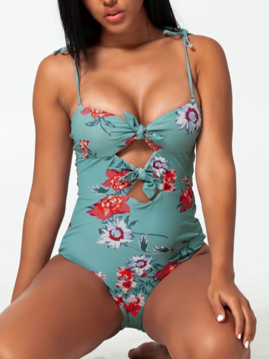 

Lovely Bohemian Spaghetti Strap Print Hollow-out Green One-piece Swimsuit