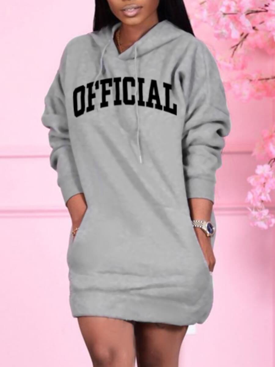 

Lovely Casual Hooded Collar Letter Print Grey Mini Dress