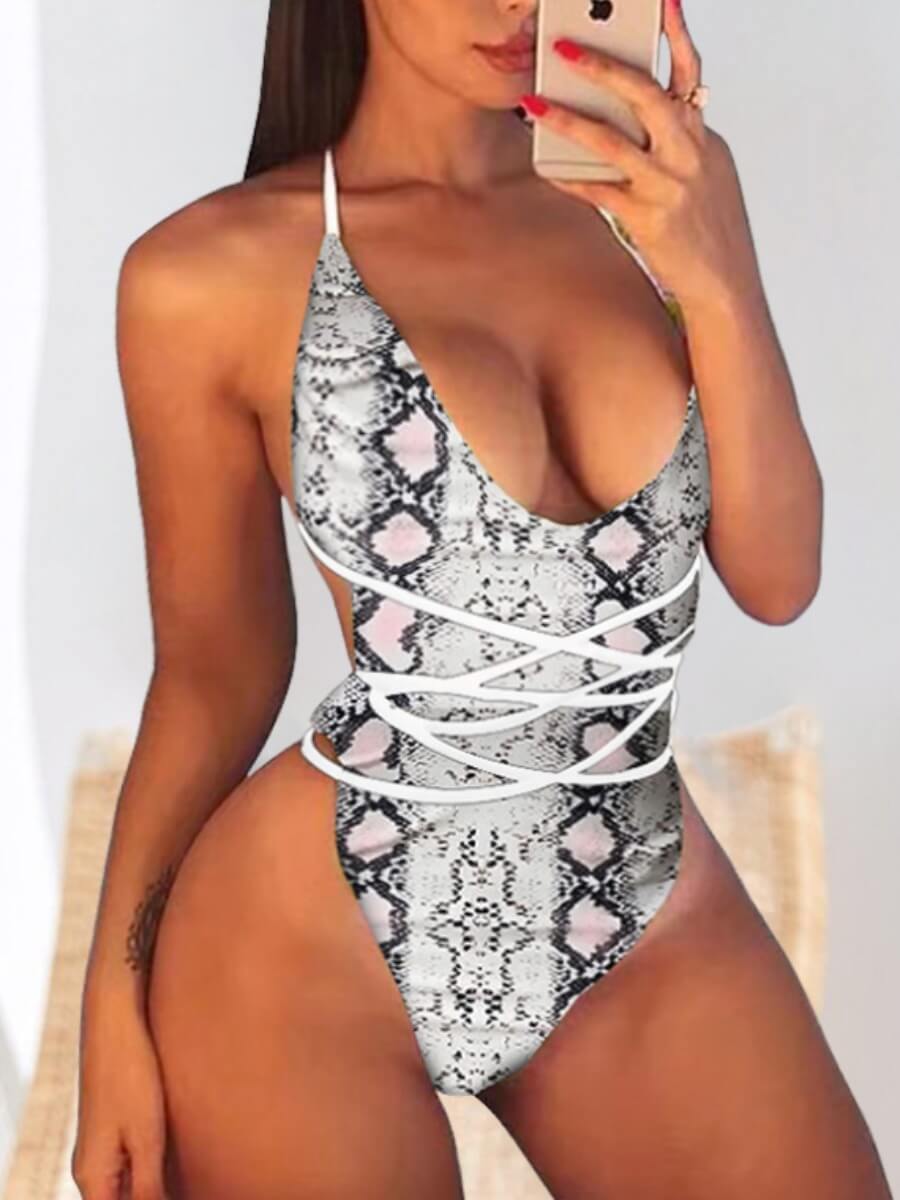 

Lovely Sexy Snake Print Hollow-out White One-piece Swimsuit