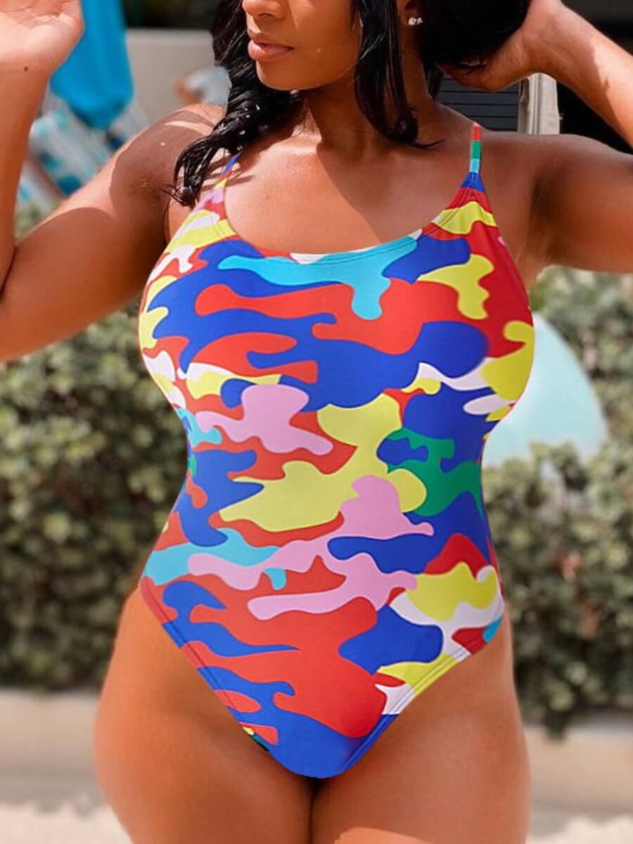 

Lovely Casual U Neck Camo Print Multicolor One-piece Swimsuit, Multi