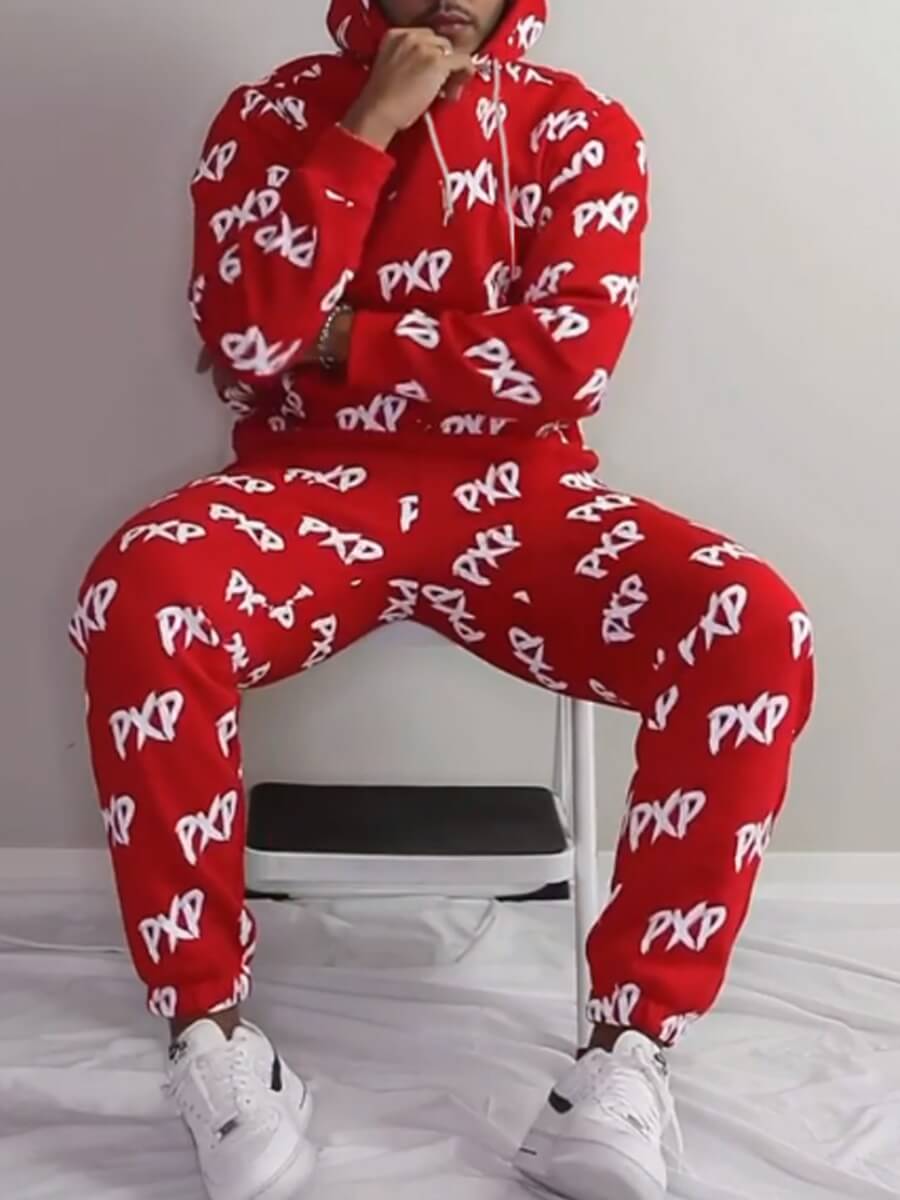 

Lovely Casual Hooded Collar Letter Print Red Two Piece Pants Set