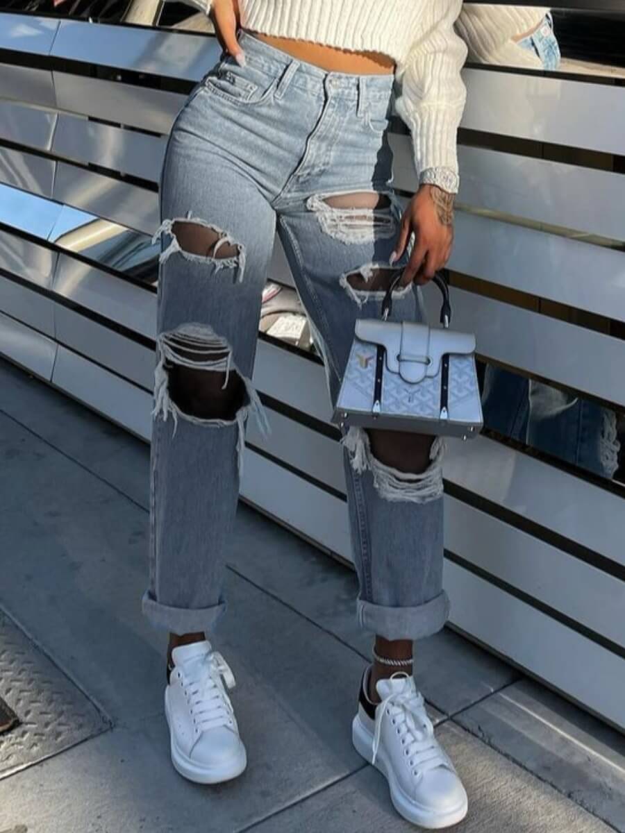 

Lovely Casual High-waisted Broken Holes Baby Blue Jeans
