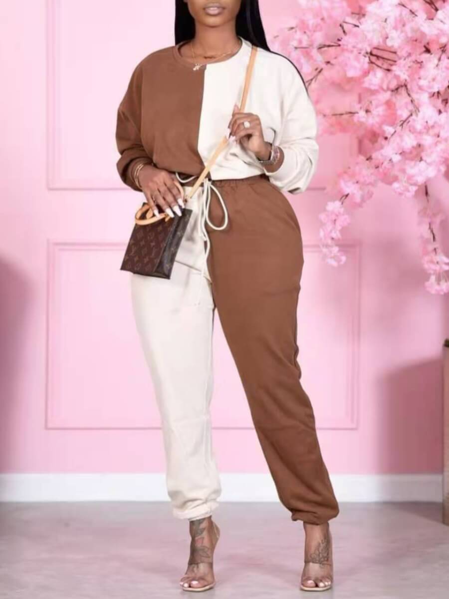 

Lovely Casual O Neck Patchwork White Plus Size Two-piece Pants Set
