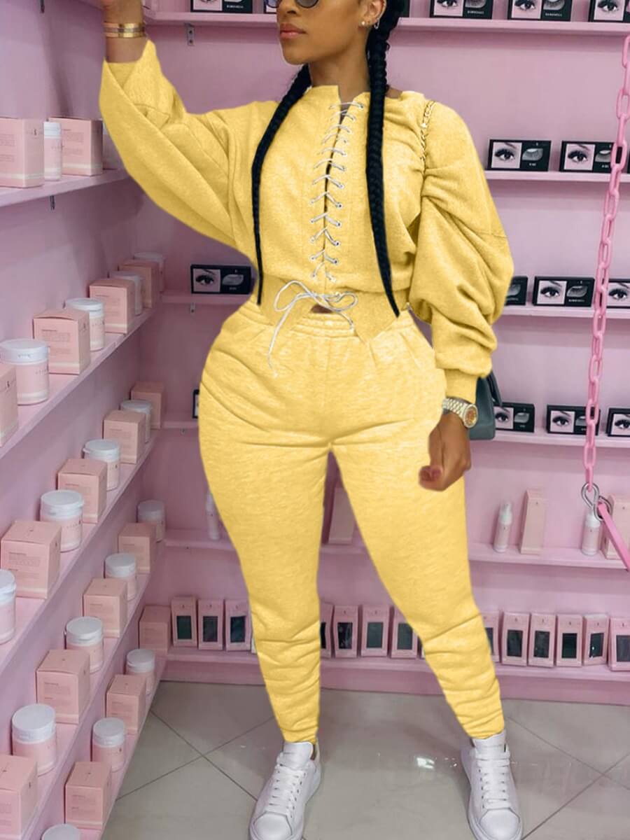 

Lovely Casual O Neck Lace-up Yellow Plus Size Two-piece Pants Set