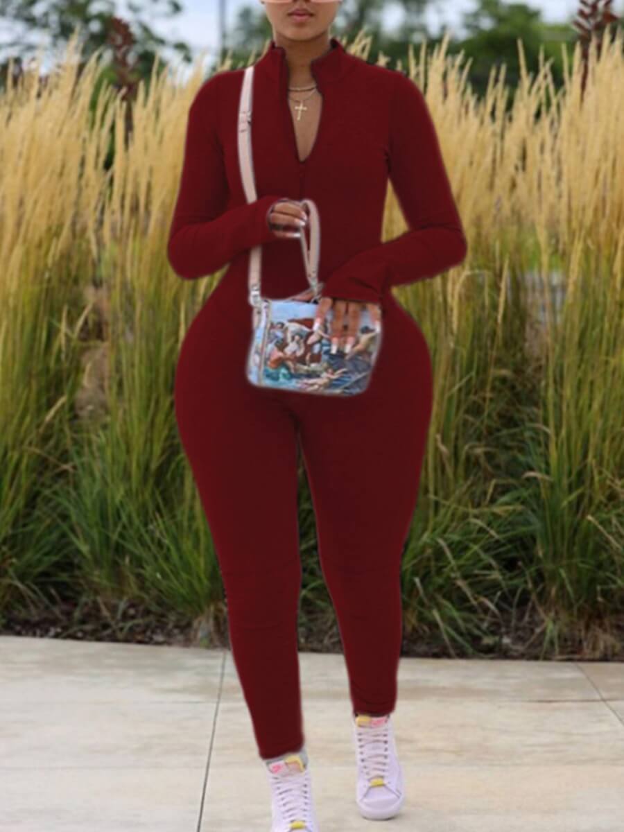 

Lovely Polyester Casual Solid Regular sleeve Basic Regular Long Sleeve V Neck Yes(Elastic) Solid Color Plus Size Jumpsuit, Wine red