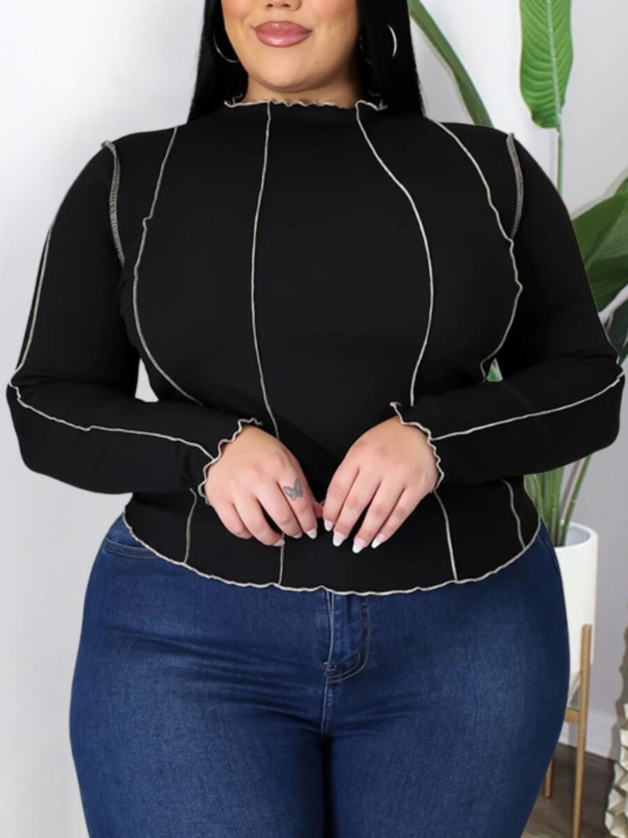 

Lovely Casual Half A Turtleneck Patchwork Black Plus Size T-shirt