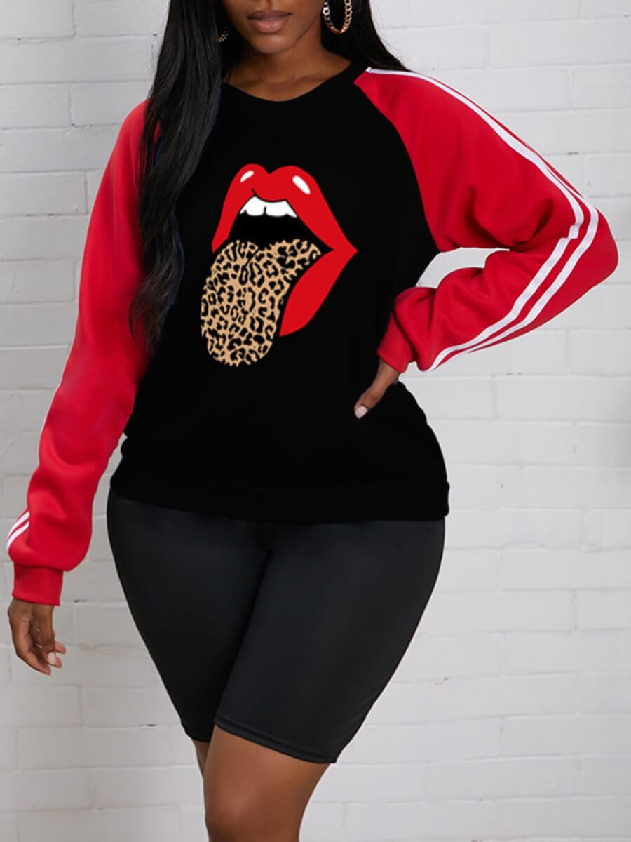 

Lovely Trendy Lip Print Striped Patchwork Black Plus Size Hoodie