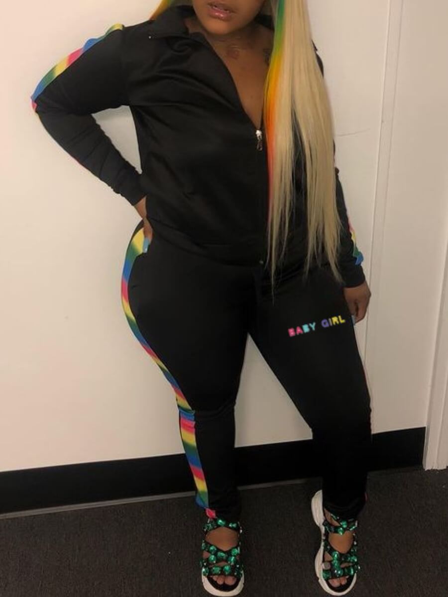 

Lovely Sportswear Striped Zipper Design Black Two Piece Pants Set