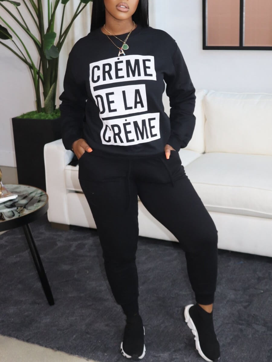 

Lovely Casual Letter Print Patchwork Black Two Piece Pants Set