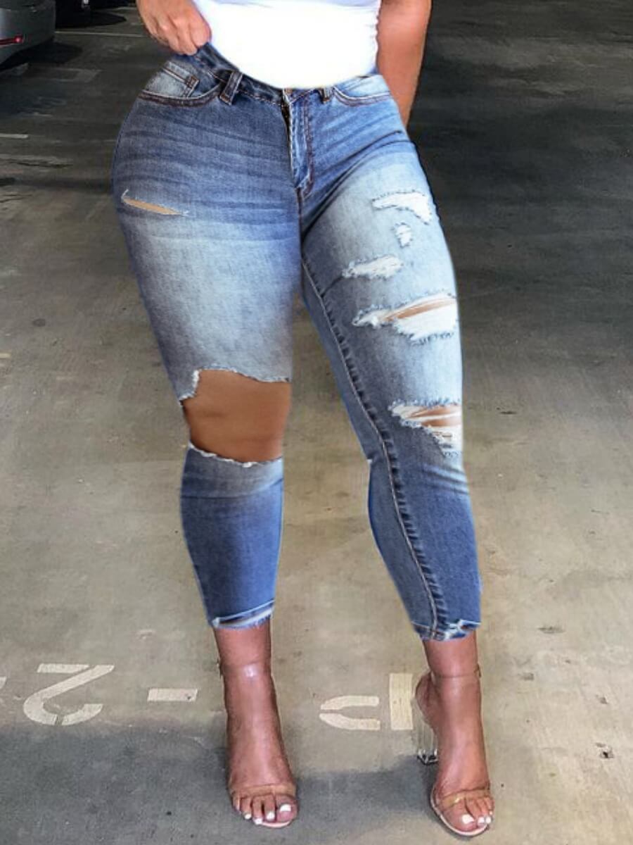 

Lovely Street High-waisted Ripped Baby Blue Jeans